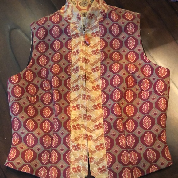 Tapp NY Vintage lined mixed brocade fabric zipper with bead pull sleeveless vest - Picture 2 of 16